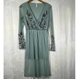 Xhilaration Midi Dress Small Green Embroidered Sheer Fairy Cottagecore Whimsy